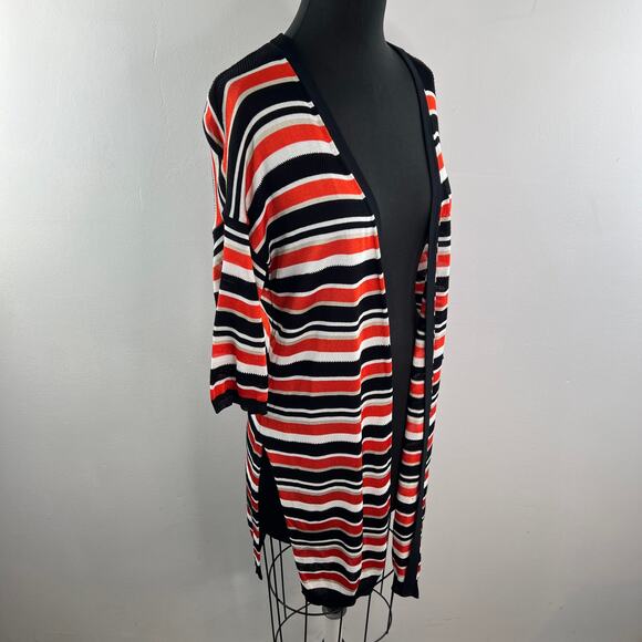 KAREN MILLEN Black Orange White Long Open Cardigan Stripe Side Slit Sz Medium M - Picture 7 of 12